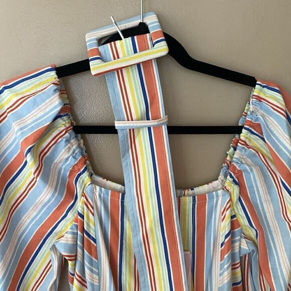 Tanya Taylor Claude Stripe Rainbow Dress Puff Sleeve Belt Sz 0 NWT $475 - Picture 9 of 16